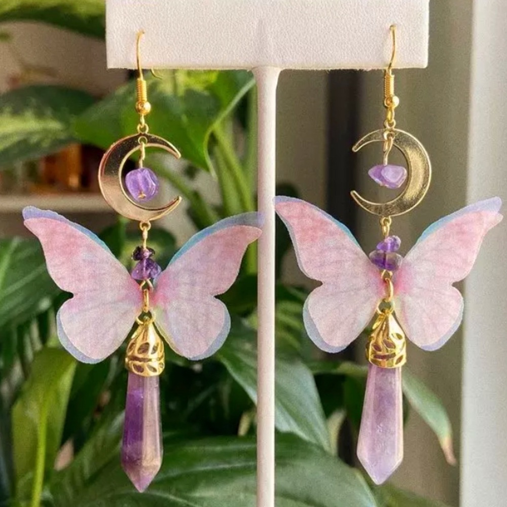 Purple Butterfly and Amethyst Drop Earrings